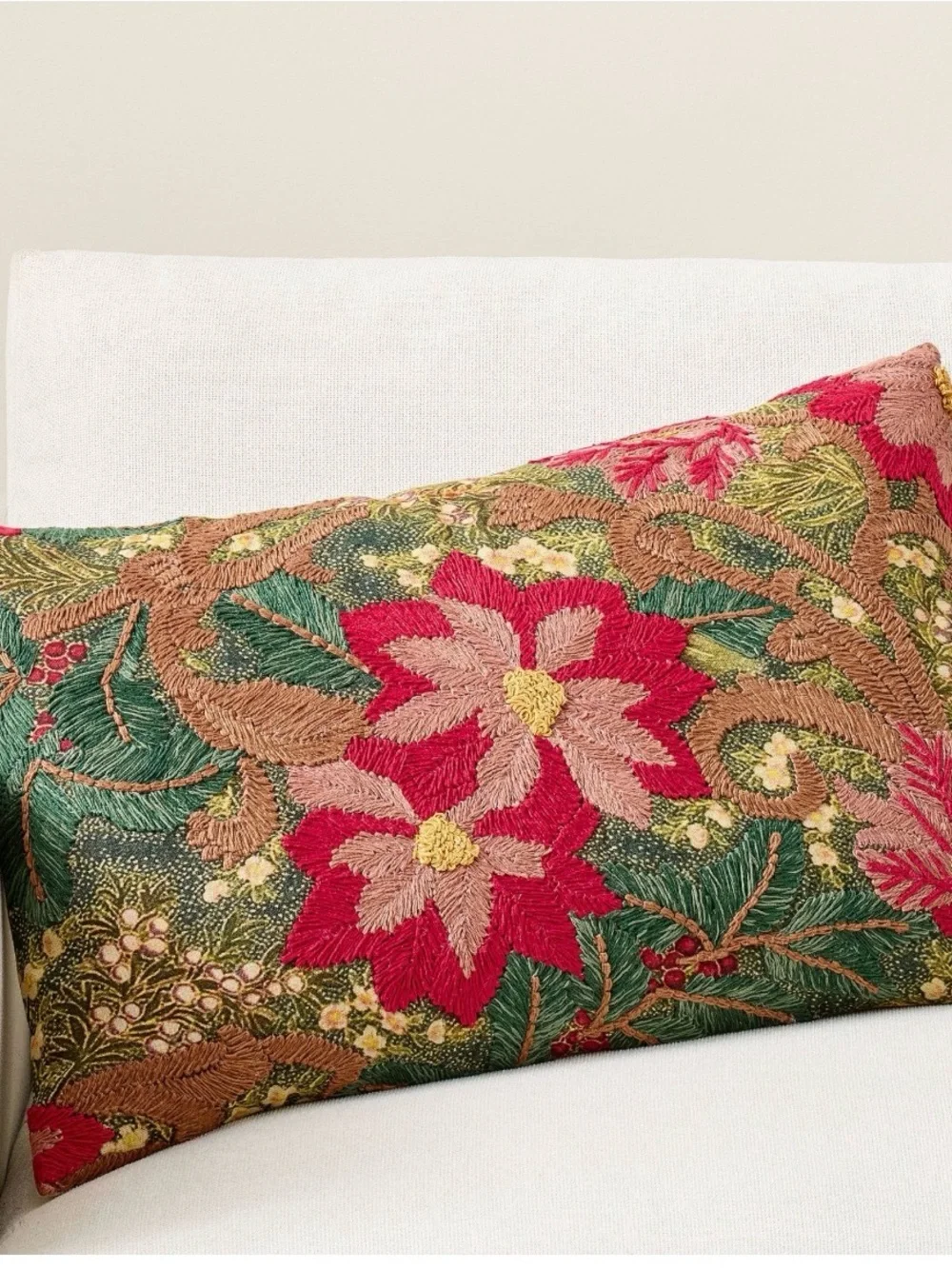 Pottery Barn Floral Foliage Embroidered Lumbar Pillow Cover 16” x 26”